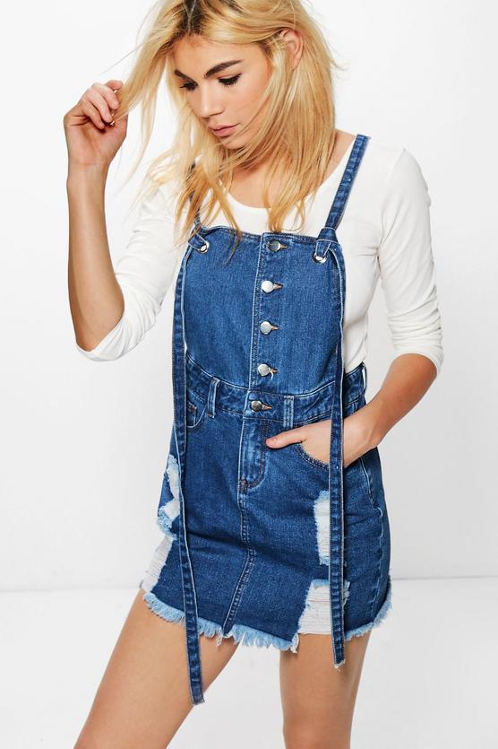 Daisy Button Detail Denim Pinafore Dress